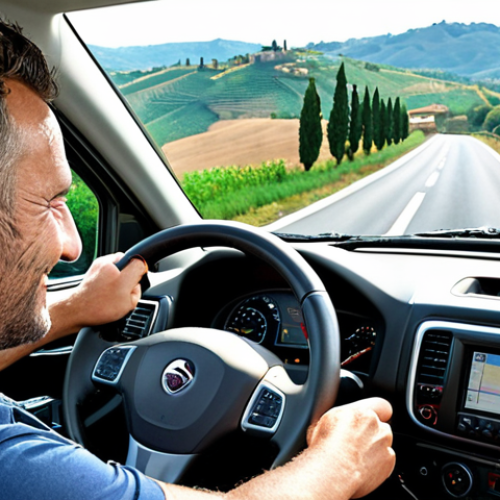 Home 18 **
A professional truck driver smiling, in the cabin of a modern truck with advanced navigation systems, driving on an Italian highway. In the background, rolling hills of Tuscany. The scene conveys competence and confidence, highlighting career advancement in logistics after obtaining a CQC license. The image emphasizes technology and scenic routes.
**