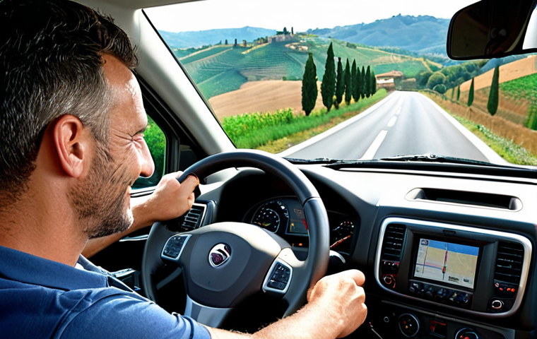 **

A professional truck driver smiling, in the cabin of a modern truck with advanced navigation systems, driving on an Italian highway. In the background, rolling hills of Tuscany. The scene conveys competence and confidence, highlighting career advancement in logistics after obtaining a CQC license. The image emphasizes technology and scenic routes.

**