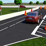 **

A modern driving practice field with simulated obstacles like cones, showing a driver performing an emergency braking maneuver under the supervision of a qualified instructor. Include visible infrastructure such as a rest area with shade and proper lighting.

**