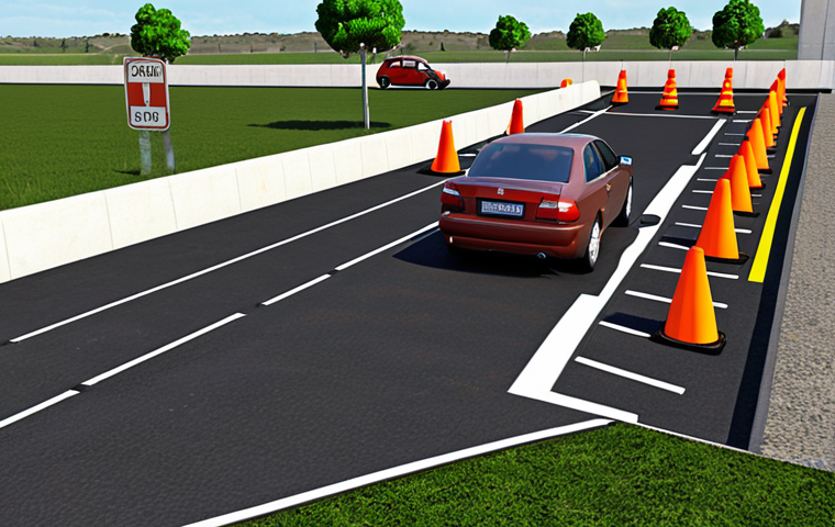 **

A modern driving practice field with simulated obstacles like cones, showing a driver performing an emergency braking maneuver under the supervision of a qualified instructor. Include visible infrastructure such as a rest area with shade and proper lighting.

**