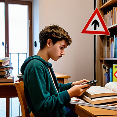 Home 8 **
A young adult looking stressed but determined, surrounded by traffic signs and open books about "Codice della Strada" (Highway Code). They're using a smartphone app with a quiz about driving rules. The setting is a cozy, slightly cluttered student room in Italy. Focus on the determined expression overcoming the stress, and the mix of traditional books and modern tech. The scene should evoke the feeling of studying hard for something important.
**
