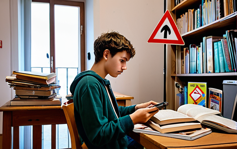 **

A young adult looking stressed but determined, surrounded by traffic signs and open books about "Codice della Strada" (Highway Code). They're using a smartphone app with a quiz about driving rules. The setting is a cozy, slightly cluttered student room in Italy. Focus on the determined expression overcoming the stress, and the mix of traditional books and modern tech. The scene should evoke the feeling of studying hard for something important.

**