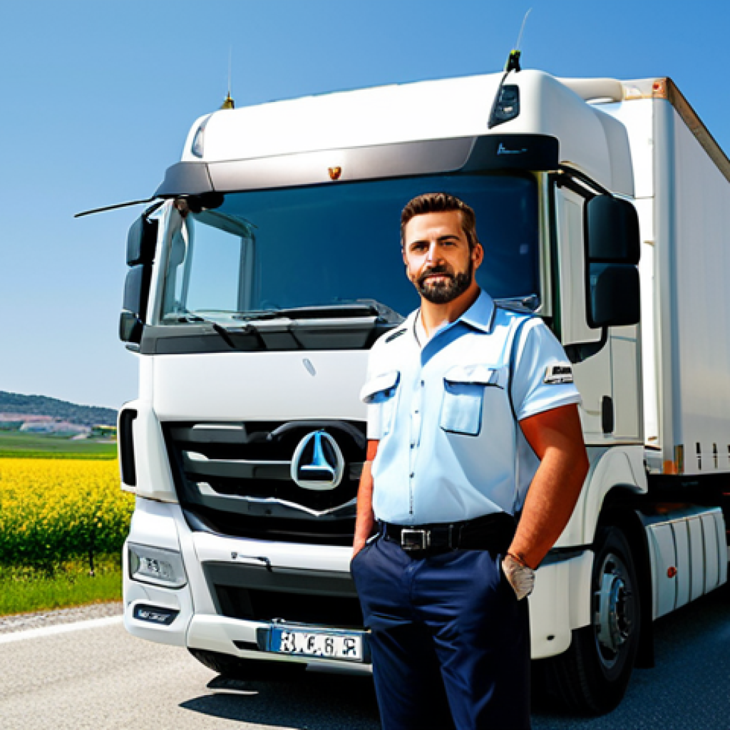 **
"A confident truck driver in a clean, professional uniform, fully clothed, standing beside a modern semi-truck in a sunny Italian landscape, appropriate attire, safe for work, perfect anatomy, natural proportions, high-quality photography, professional demeanor."
**