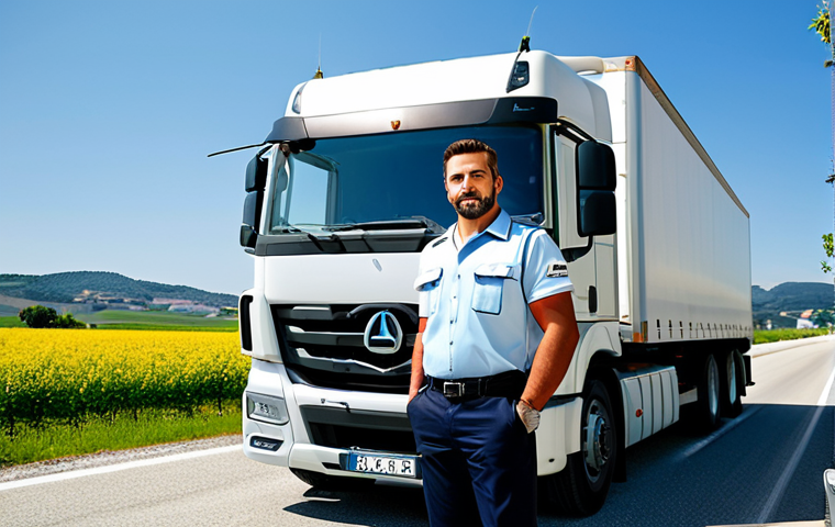 **

"A confident truck driver in a clean, professional uniform, fully clothed, standing beside a modern semi-truck in a sunny Italian landscape, appropriate attire, safe for work, perfect anatomy, natural proportions, high-quality photography, professional demeanor."

**