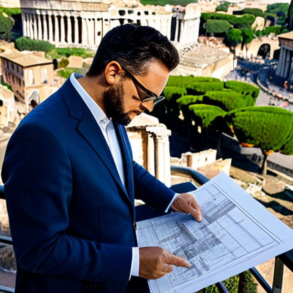 "A professional architect, wearing a tailored blazer and stylish glasses, reviewing blueprints on a sun-drenched terrace overlooking the Roman Forum, fully clothed, appropriate attire, safe for work, perfect anatomy, natural proportions, professional photography, high quality, Rome, Italy, architectural details."