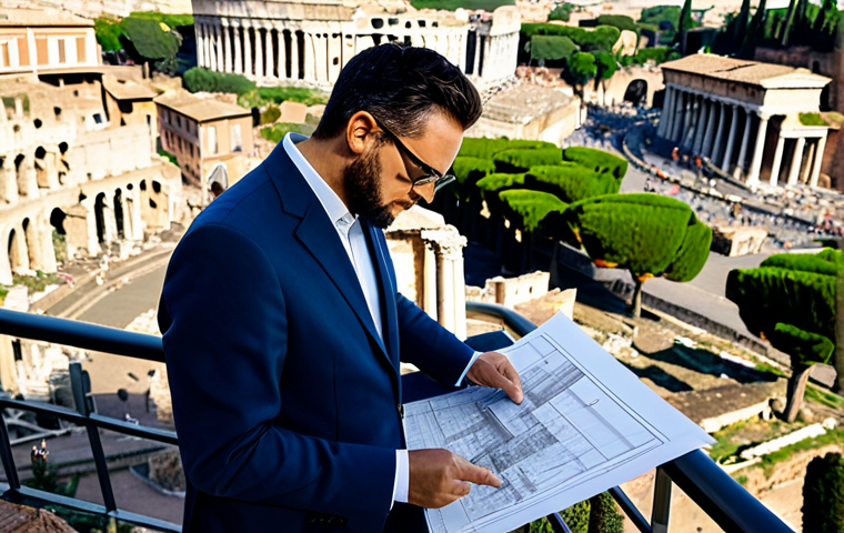 "A professional architect, wearing a tailored blazer and stylish glasses, reviewing blueprints on a sun-drenched terrace overlooking the Roman Forum, fully clothed, appropriate attire, safe for work, perfect anatomy, natural proportions, professional photography, high quality, Rome, Italy, architectural details."