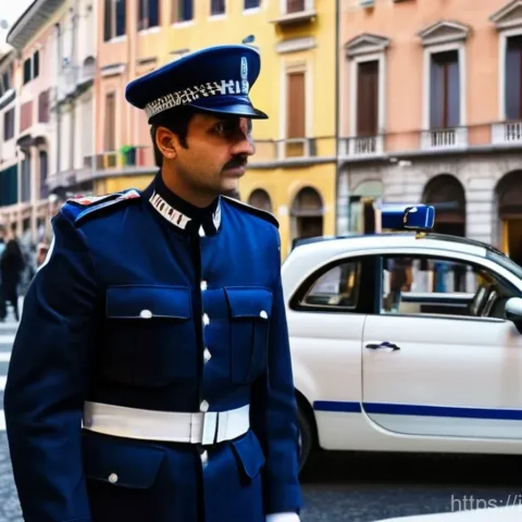 도로교통사 직무의 사회적 기여 - **"A vibrant and bustling Italian city square, reminiscent of Rome or Milan, at midday. A male Poliz...