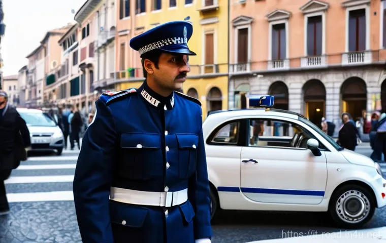 도로교통사 직무의 사회적 기여 - **"A vibrant and bustling Italian city square, reminiscent of Rome or Milan, at midday. A male Poliz...