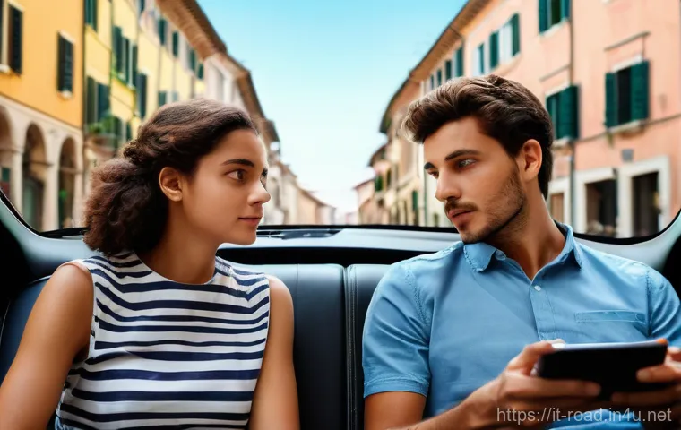도로교통사와 관련된 최신 정책 - **Prompt:** An Italian family, a mother and her teenage son, inside a modern compact car, parked mom...