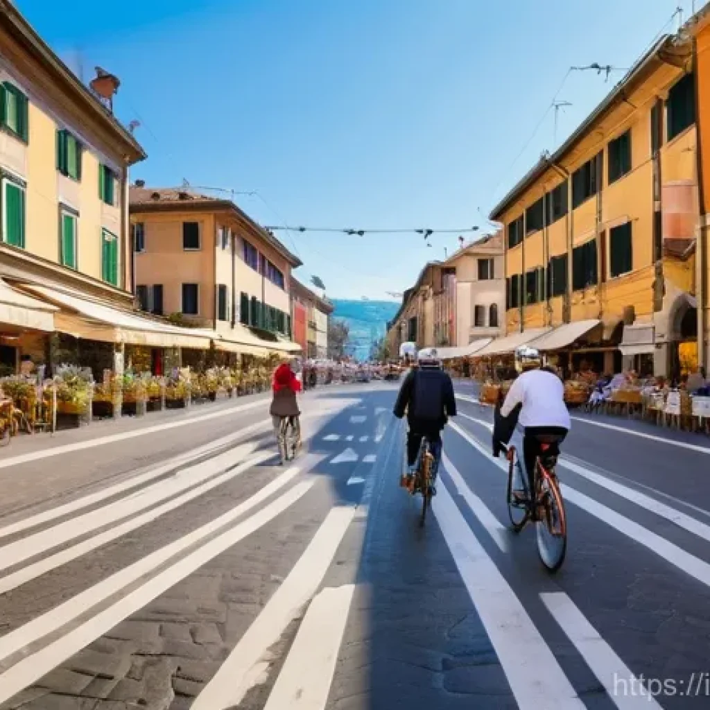 도로교통사와 관련된 교통 정책 - **Prompt:** A picturesque Italian city street, reminiscent of Bologna or Milan, bustling with activi...