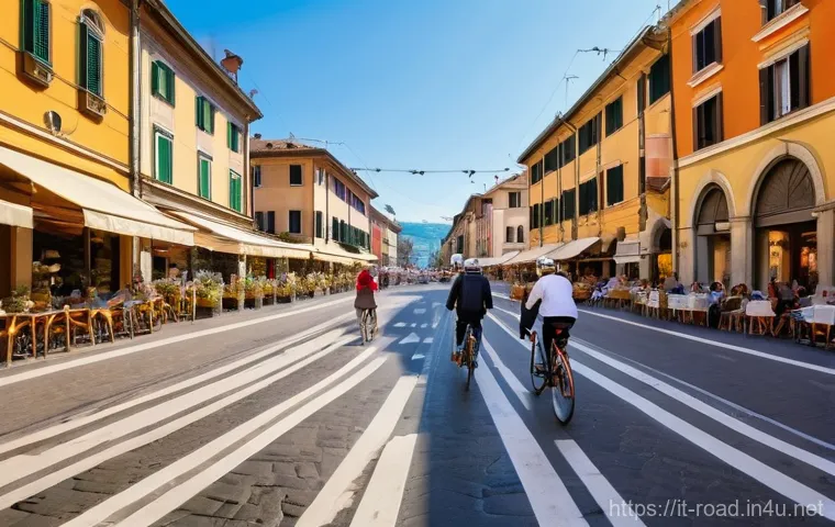 도로교통사와 관련된 교통 정책 - **Prompt:** A picturesque Italian city street, reminiscent of Bologna or Milan, bustling with activi...