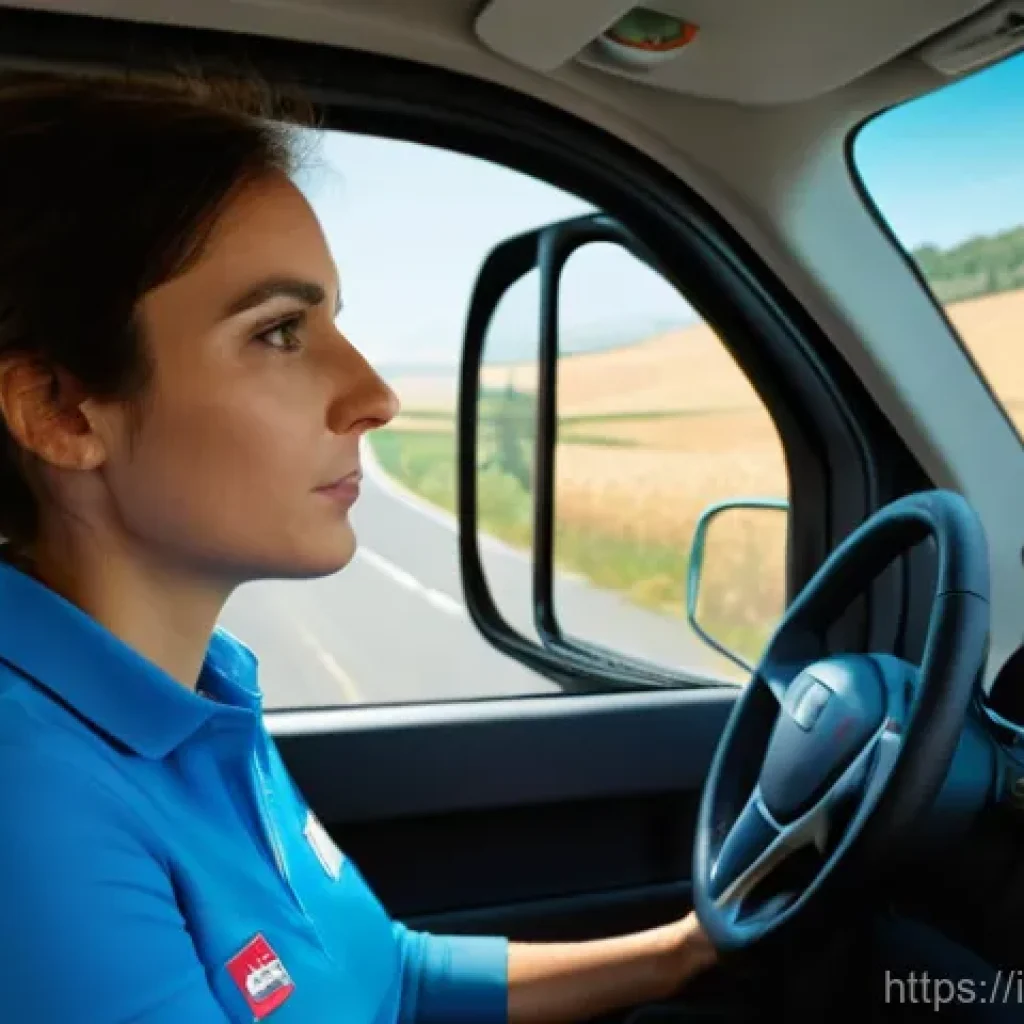 도로교통사 취업 준비 과정 - A contemporary Italian truck driver, a woman in her early 30s, with a confident and professional dem...