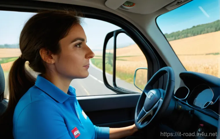 도로교통사 취업 준비 과정 - A contemporary Italian truck driver, a woman in her early 30s, with a confident and professional dem...