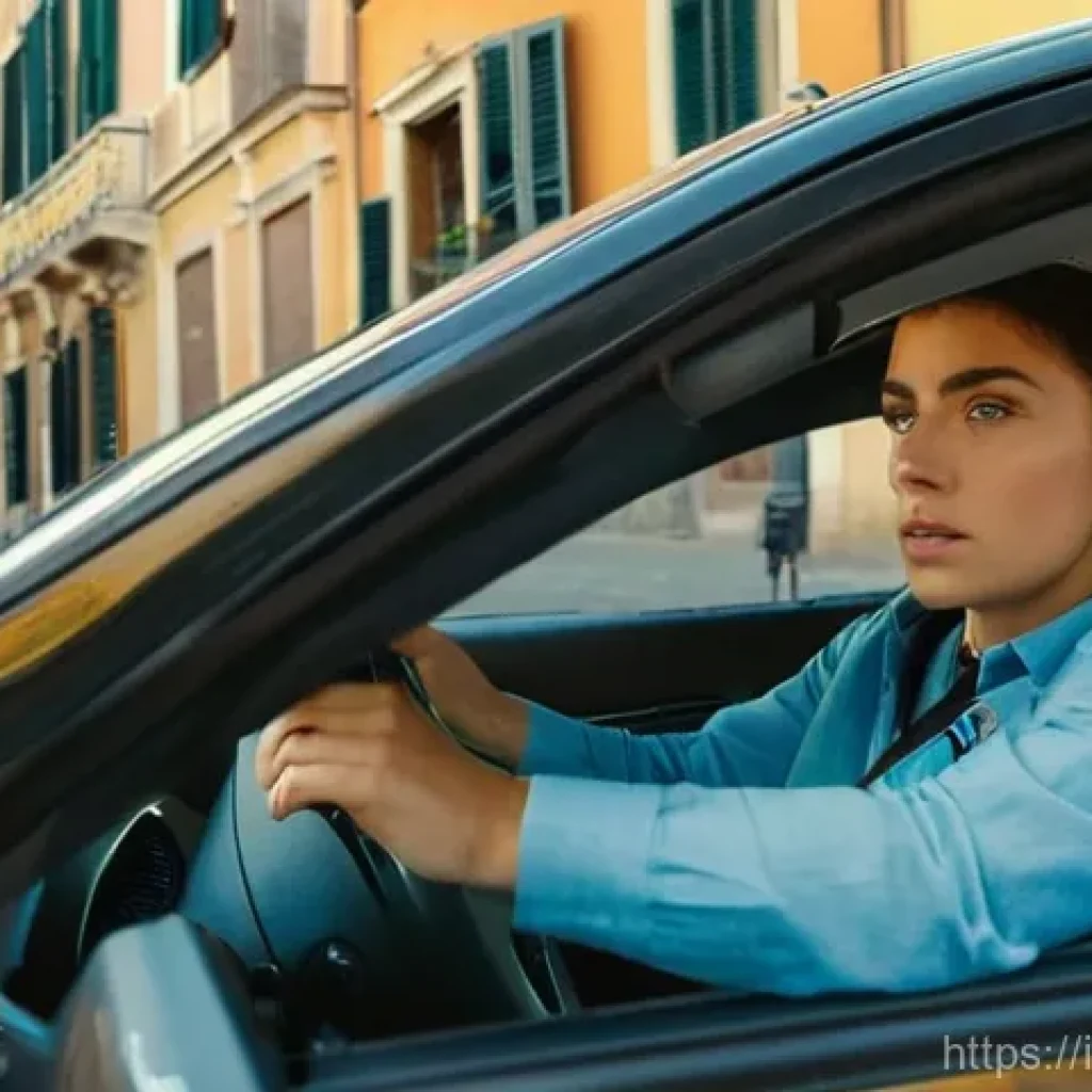 도로교통사 실무 과정의 난이도 - **Prompt:** A close-up shot from inside a car, focusing on a young Italian woman (approximately 20-2...