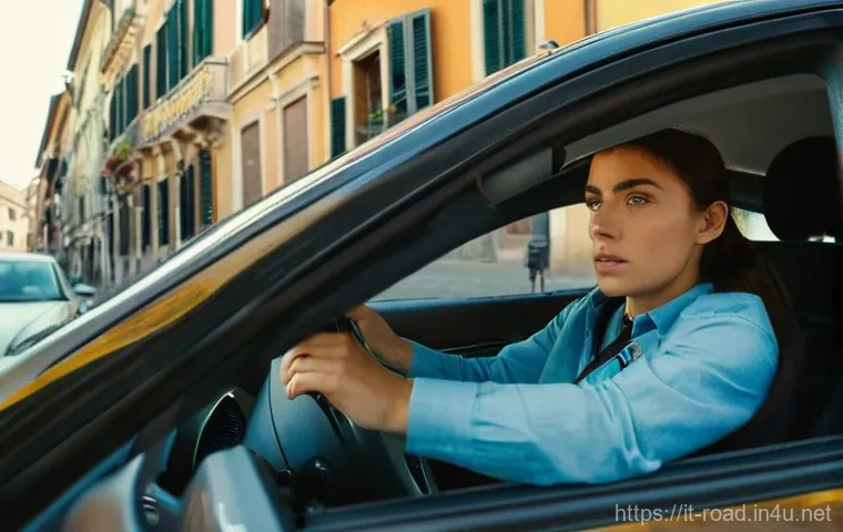 도로교통사 실무 과정의 난이도 - **Prompt:** A close-up shot from inside a car, focusing on a young Italian woman (approximately 20-2...