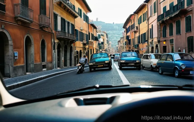 도로교통사 실무 과정의 난이도 - **Prompt:** A close-up shot from inside a car, focusing on a young Italian woman (approximately 20-2...