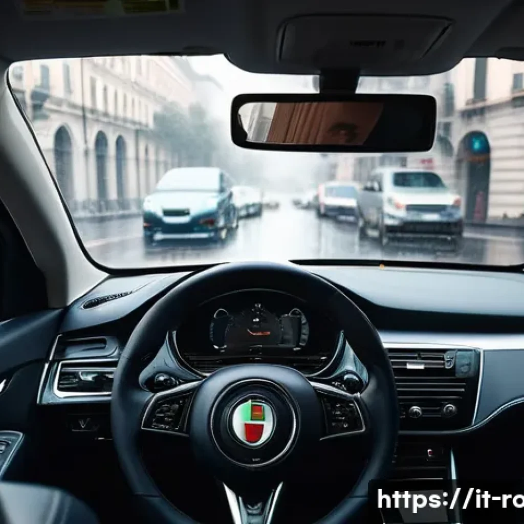 도로교통사 직무에 적합한 성격 - **Prompt:** A serene Italian driver, mid-30s, inside a modern car, calmly navigating a slow-moving t...