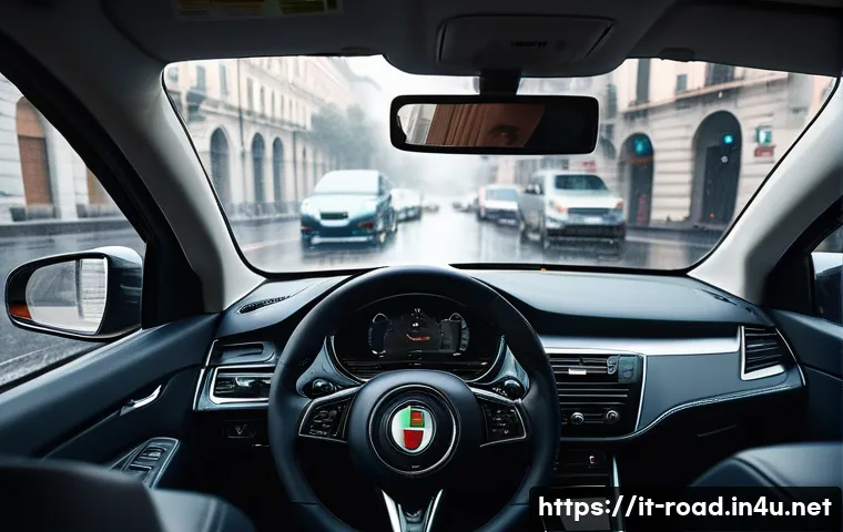 도로교통사 직무에 적합한 성격 - **Prompt:** A serene Italian driver, mid-30s, inside a modern car, calmly navigating a slow-moving t...