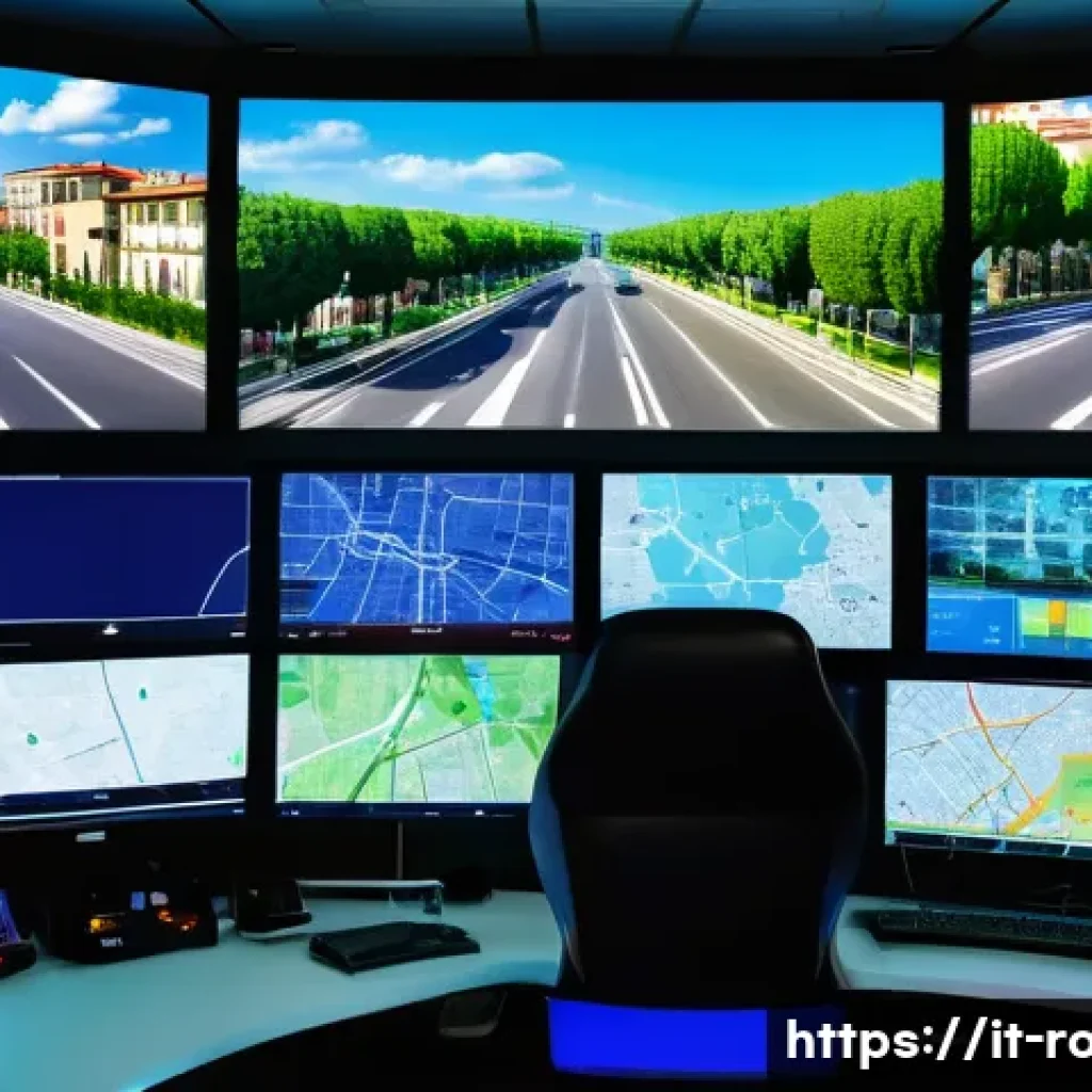 도로교통사 실무에서의 문제 해결 능력 향상 - A detailed urban traffic control room scene in Italy, featuring multiple large screens displaying re...