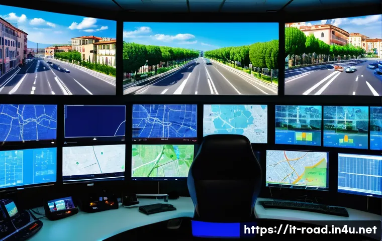 도로교통사 실무에서의 문제 해결 능력 향상 - A detailed urban traffic control room scene in Italy, featuring multiple large screens displaying re...