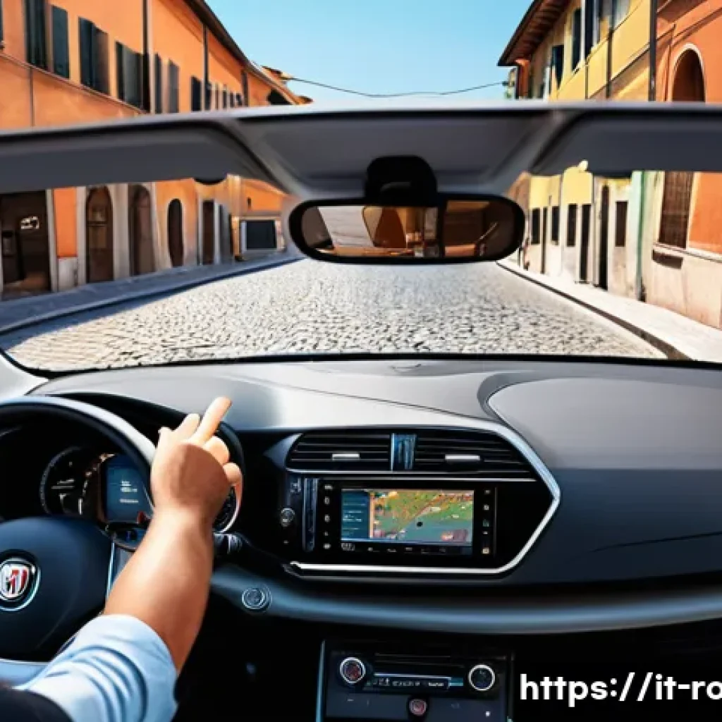 도로교통사 실기시험에서 필수로 알아야 할 것 - A detailed scene showing a learner driver inside a modern compact car in an Italian urban setting, p...