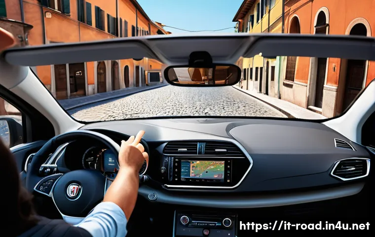 도로교통사 실기시험에서 필수로 알아야 할 것 - A detailed scene showing a learner driver inside a modern compact car in an Italian urban setting, p...
