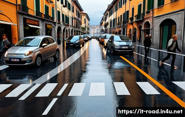 도로교통사 근무 경험자 조언 - A detailed street scene in an Italian urban environment during rush hour, showing diverse road users...