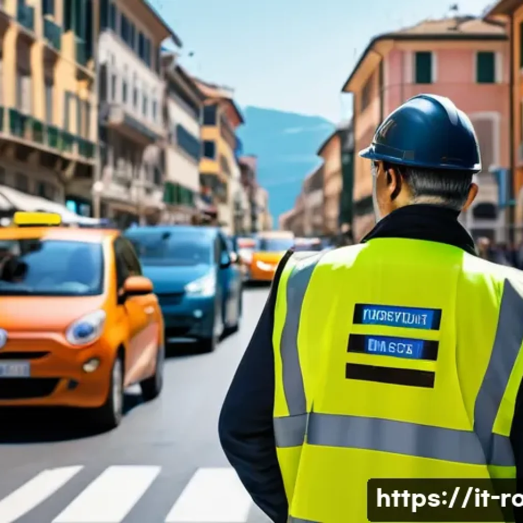 도로교통사 자격증 취득 후의 성장 가능성 - A professional traffic operator in an Italian urban setting, wearing a reflective safety vest and un...