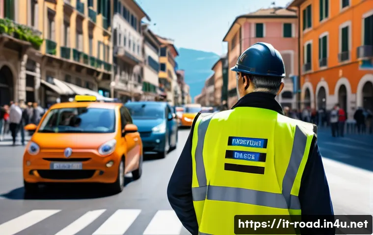 도로교통사 자격증 취득 후의 성장 가능성 - A professional traffic operator in an Italian urban setting, wearing a reflective safety vest and un...
