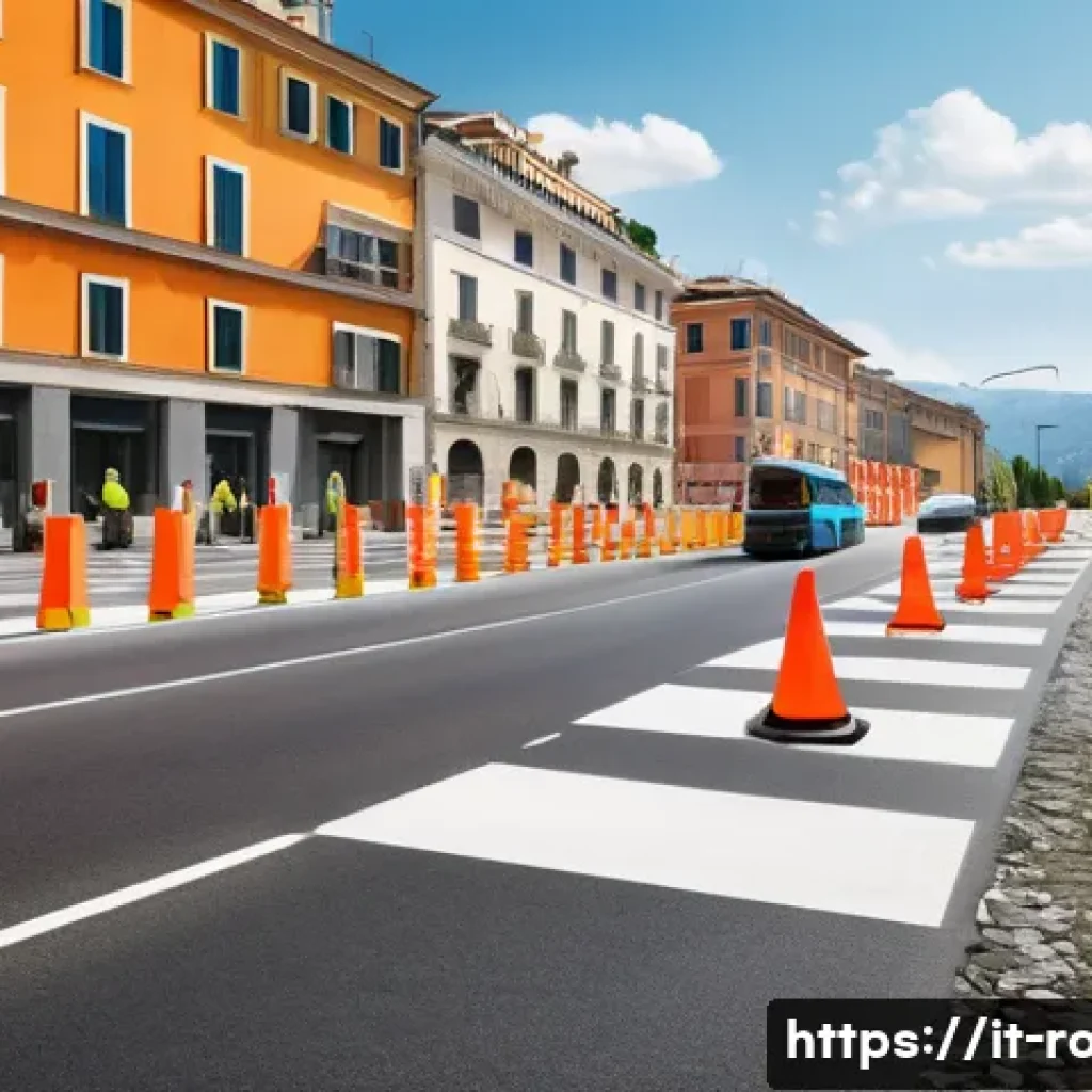 도로교통사 관련 자격증 비교 - A realistic outdoor construction site on an Italian road with multiple workers wearing high-visibili...