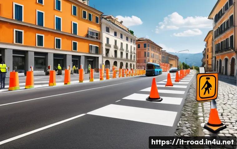 도로교통사 관련 자격증 비교 - A realistic outdoor construction site on an Italian road with multiple workers wearing high-visibili...