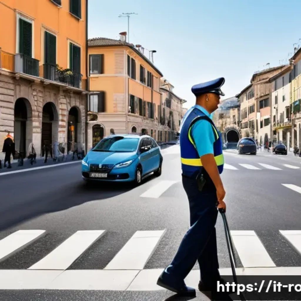도로교통사 이직 준비를 위한 가이드 - A detailed urban scene depicting a traffic officer in Italy, wearing a full official uniform includi...