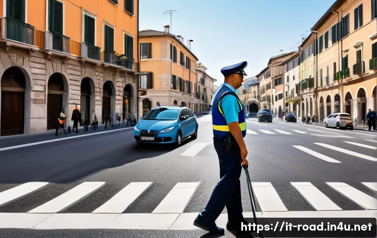 도로교통사 이직 준비를 위한 가이드 - A detailed urban scene depicting a traffic officer in Italy, wearing a full official uniform includi...