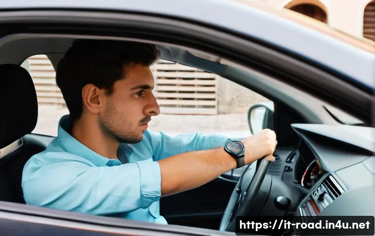 도로교통사 실기시험 준비 꿀팁 - A young Italian learner driver sitting nervously in a modern compact car parked on a quiet suburban ...