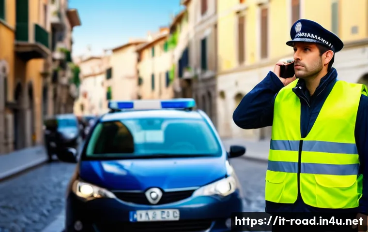 도로교통사 자격증 취득 방법 - A professional Italian traffic officer in a high-visibility safety vest and helmet, standing confide...