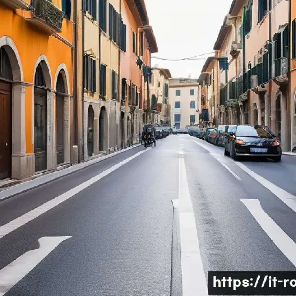 도로교통사 시험과 관련된 최신 법률 - A vibrant urban street scene in an Italian residential neighborhood featuring clear signage indicati...