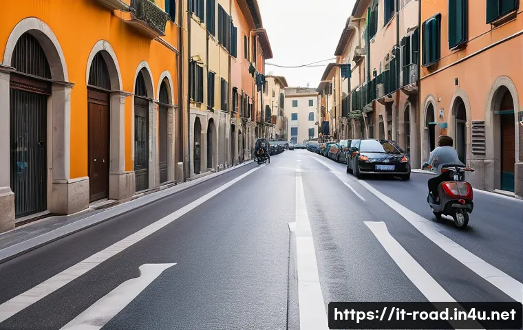 도로교통사 시험과 관련된 최신 법률 - A vibrant urban street scene in an Italian residential neighborhood featuring clear signage indicati...