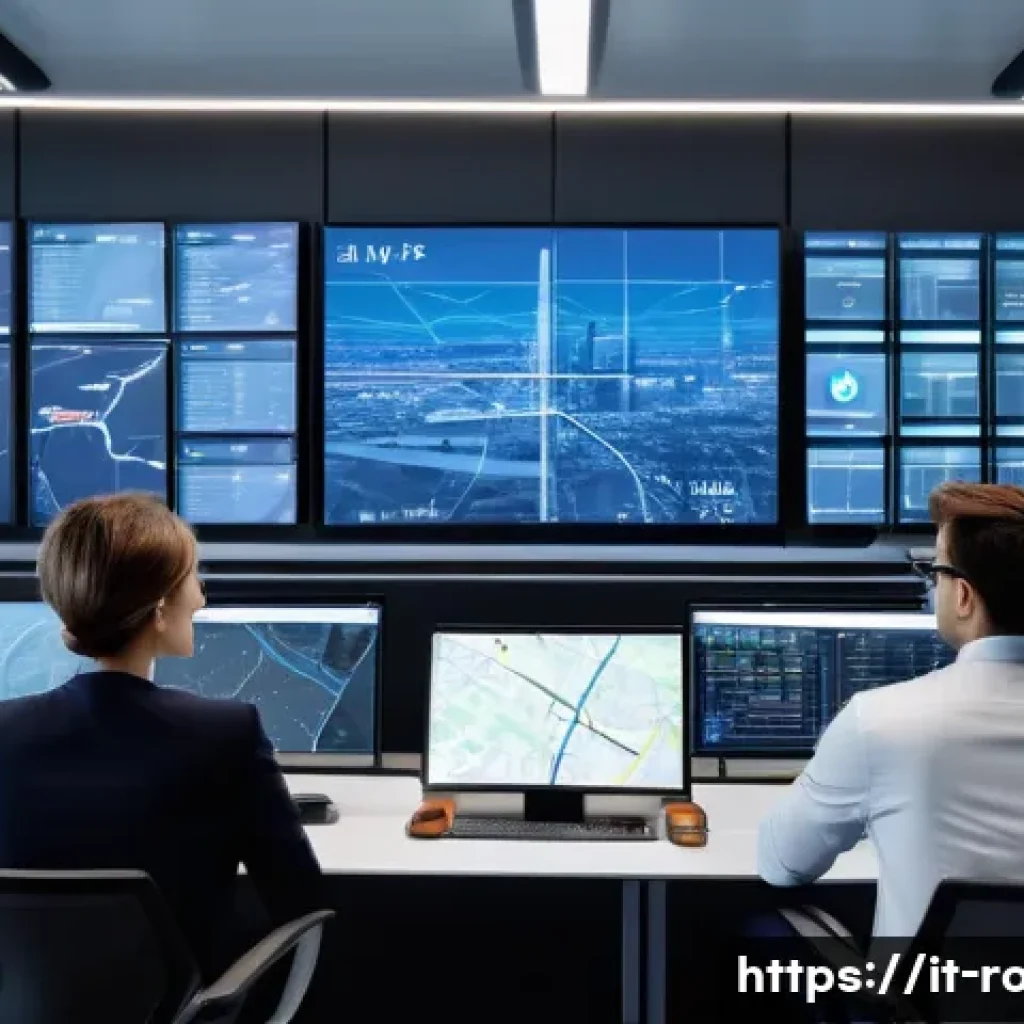 도로교통사 이직 성공 전략 - A modern urban logistics control room in Italy, featuring large digital screens displaying real-time...