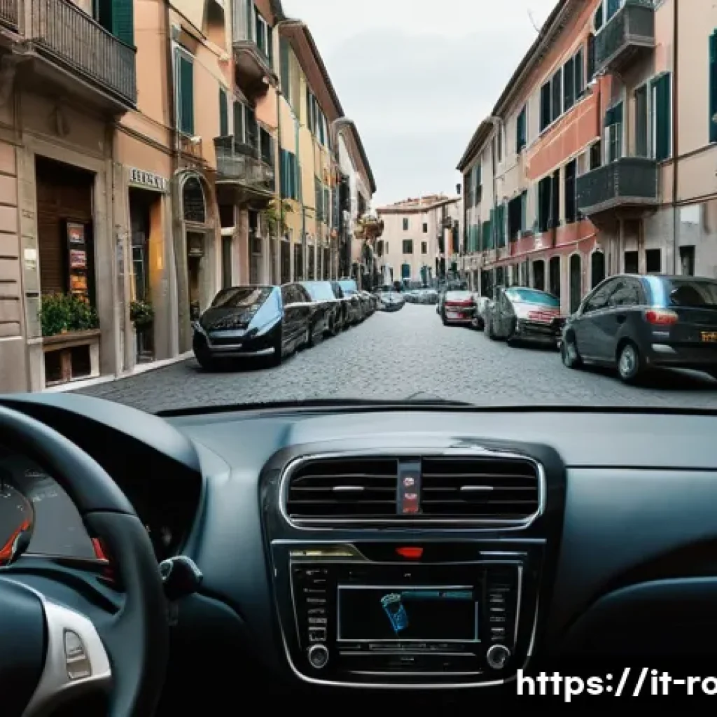 도로교통사 실기시험에서 자주 나오는 문제 - A detailed urban driving scene in Italy during heavy traffic congestion, showing a mid-sized modern ...