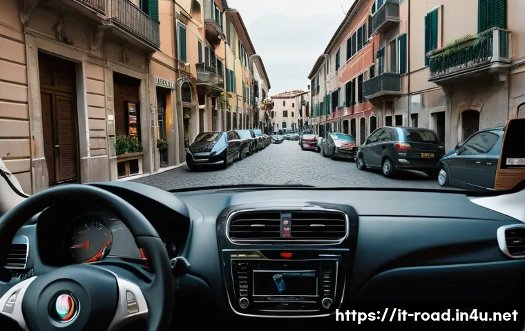 도로교통사 실기시험에서 자주 나오는 문제 - A detailed urban driving scene in Italy during heavy traffic congestion, showing a mid-sized modern ...