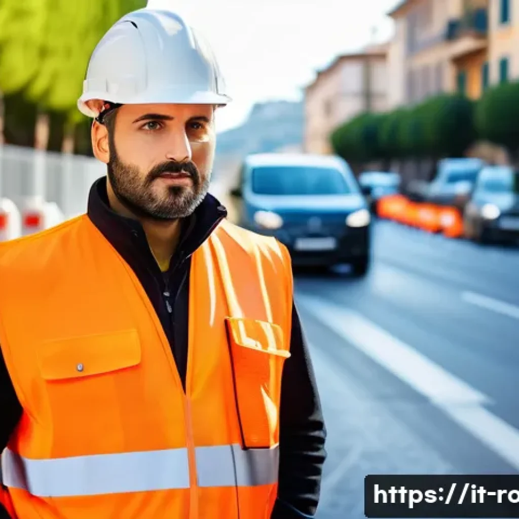 도로교통사 자격증 취득의 장점 - A professional male road safety operator wearing a high-visibility reflective vest and protective he...