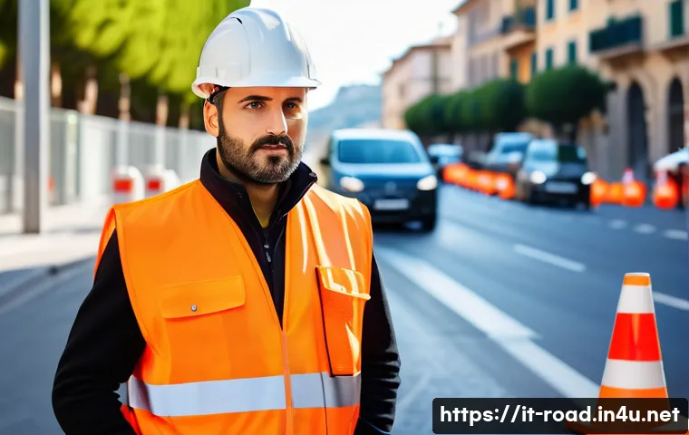 도로교통사 자격증 취득의 장점 - A professional male road safety operator wearing a high-visibility reflective vest and protective he...