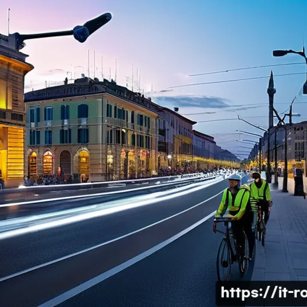 도로교통사 관련 직종의 성장 가능성 - A modern Italian urban street scene at dusk featuring intelligent traffic infrastructure: smart traf...