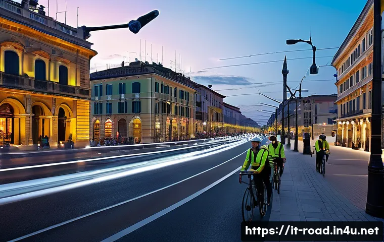 도로교통사 관련 직종의 성장 가능성 - A modern Italian urban street scene at dusk featuring intelligent traffic infrastructure: smart traf...