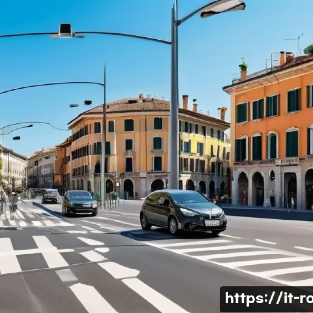 도로교통사 실무에서의 장단점 분석 - A modern urban intersection in an Italian city during rush hour, featuring adaptive traffic lights w...