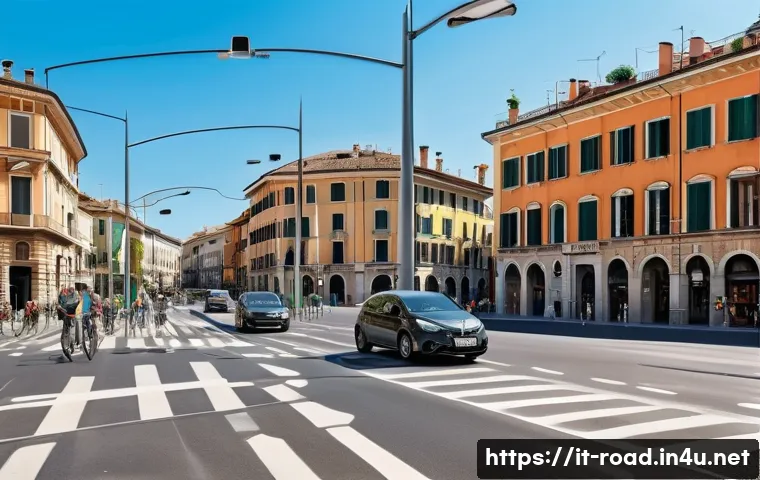 도로교통사 실무에서의 장단점 분석 - A modern urban intersection in an Italian city during rush hour, featuring adaptive traffic lights w...