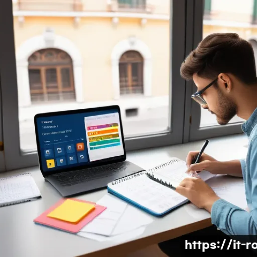 도로교통사 필기시험 성공을 위한 학습 전략 - A focused Italian student studying at a tidy desk in a bright, quiet room with large windows letting...