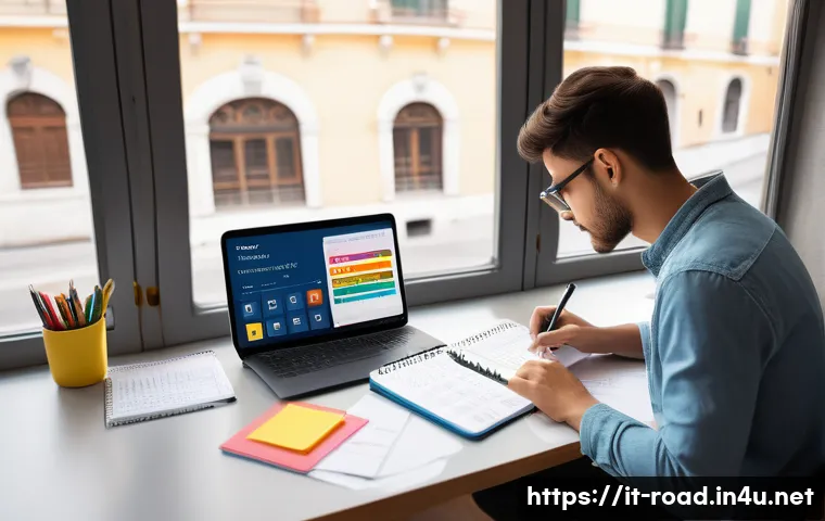 도로교통사 필기시험 성공을 위한 학습 전략 - A focused Italian student studying at a tidy desk in a bright, quiet room with large windows letting...