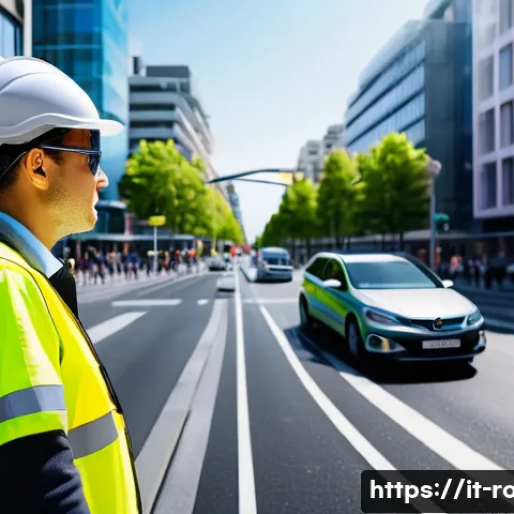 도로교통사 자격증 취득 후 해외 취업 - A professional traffic operator wearing a high-visibility safety vest and helmet, actively monitorin...