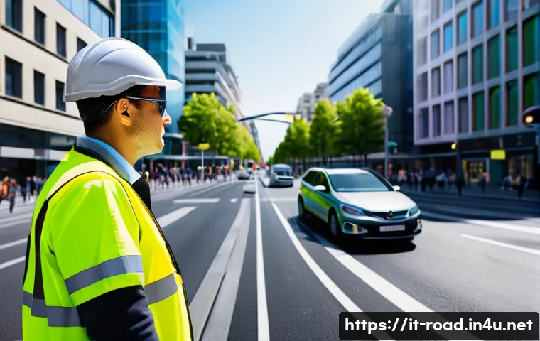 도로교통사 자격증 취득 후 해외 취업 - A professional traffic operator wearing a high-visibility safety vest and helmet, actively monitorin...